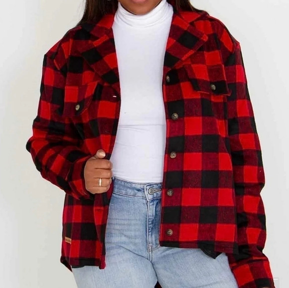 Flannel buffalo check plaid button down shacket pockets oversized small - Picture 1 of 11